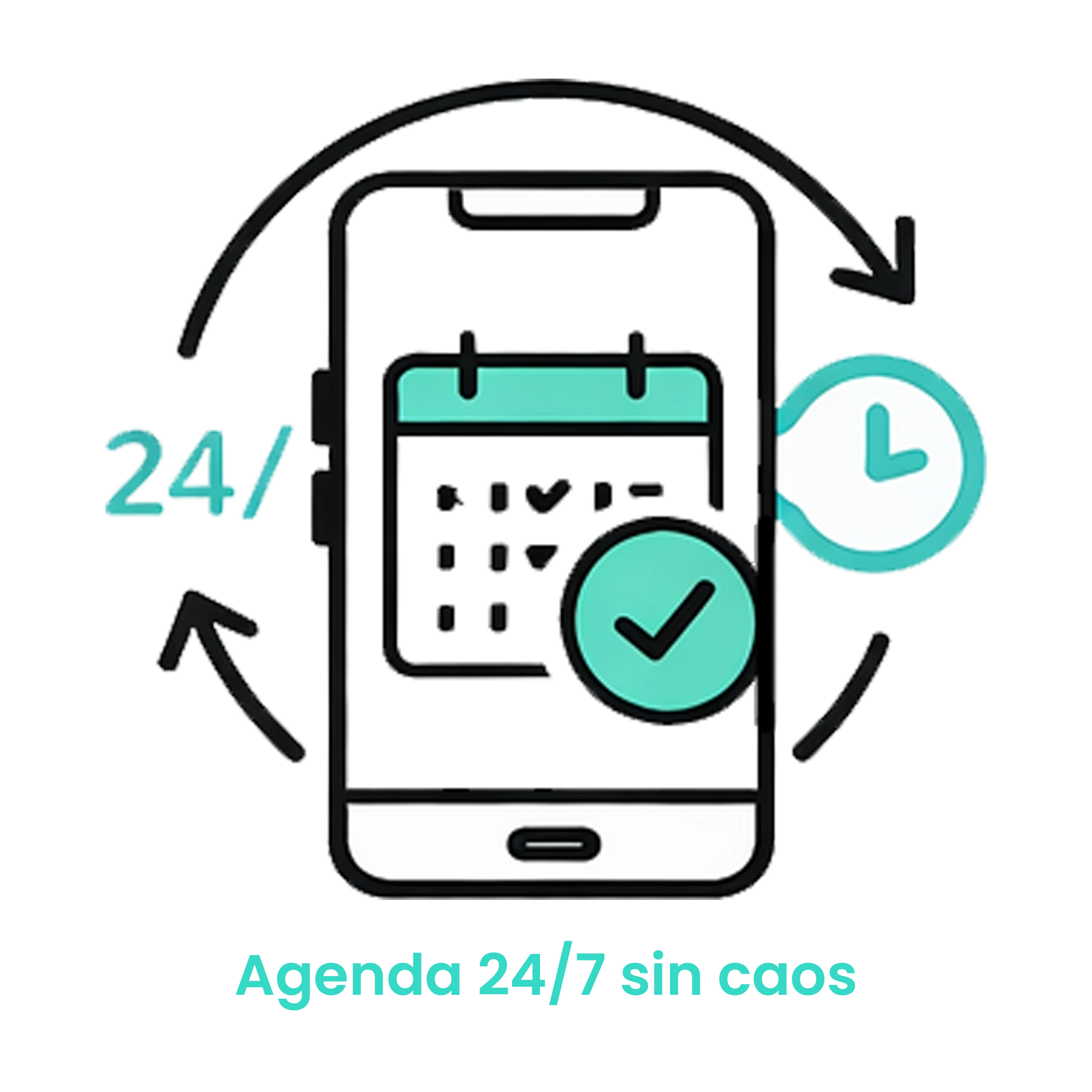 cono de un smartphone con un calendario y reloj, representando la disponibilidad de citas 24/7 sin errores manuales. · 1